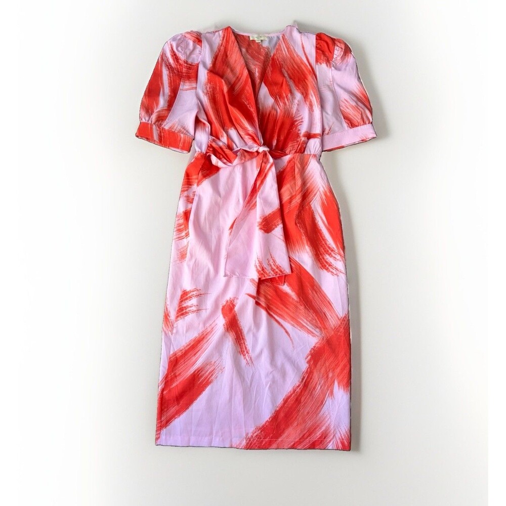 Entro Pink Orange Abstract Brushstroke Midi Dress Puff Sleeve Tie Waist Size L